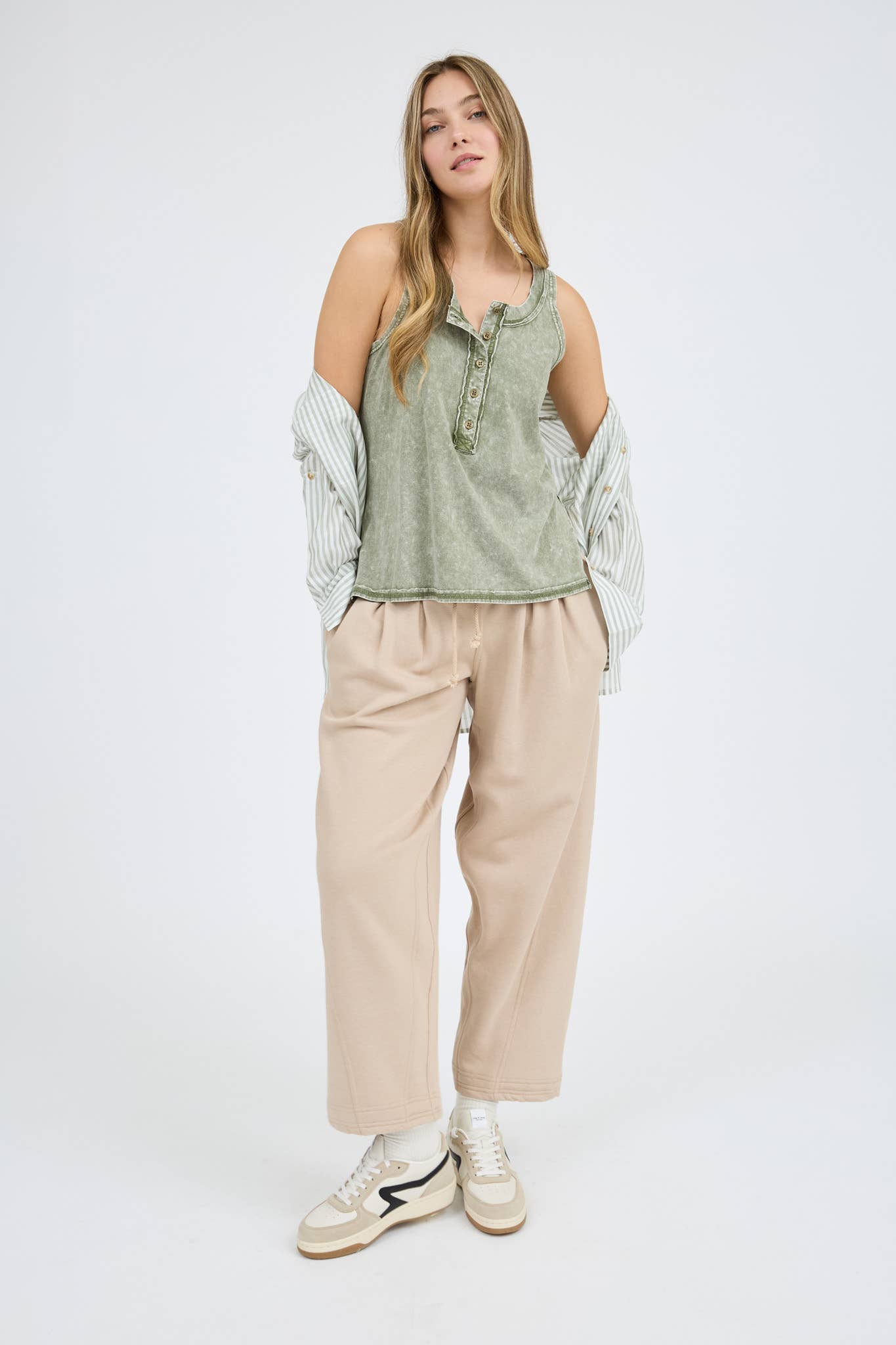 Olive Washed Henley Sleeveless