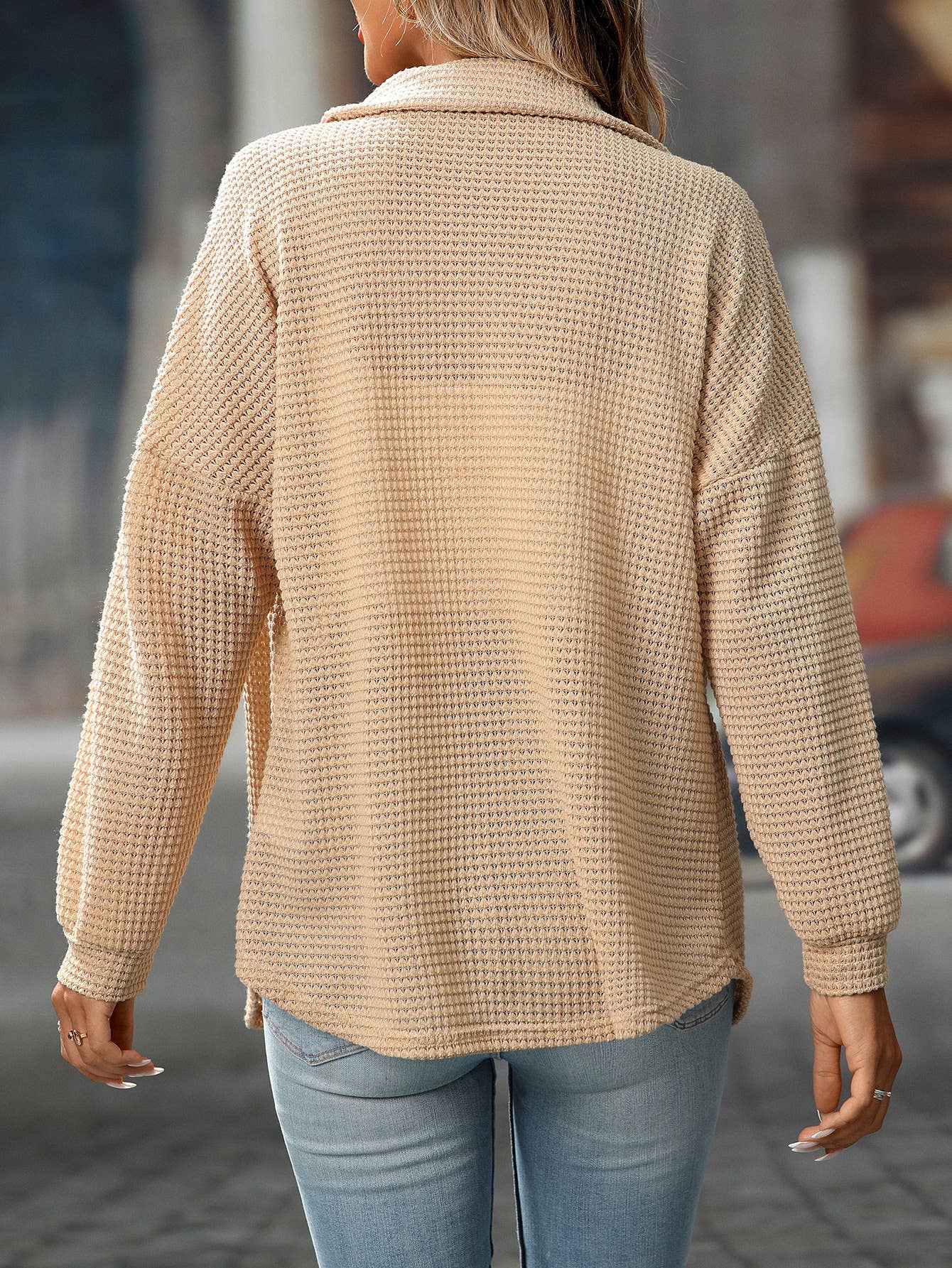 Waffle Knit Button-Up Shirt Apricot