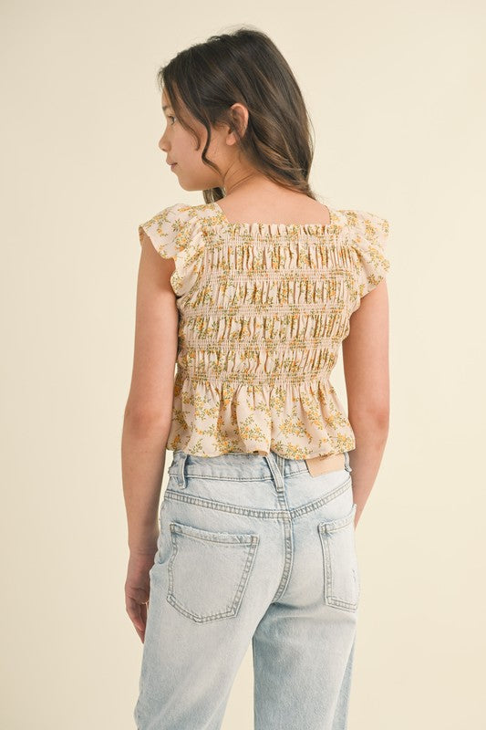 Girls Flutter Sleeve Smocked Top