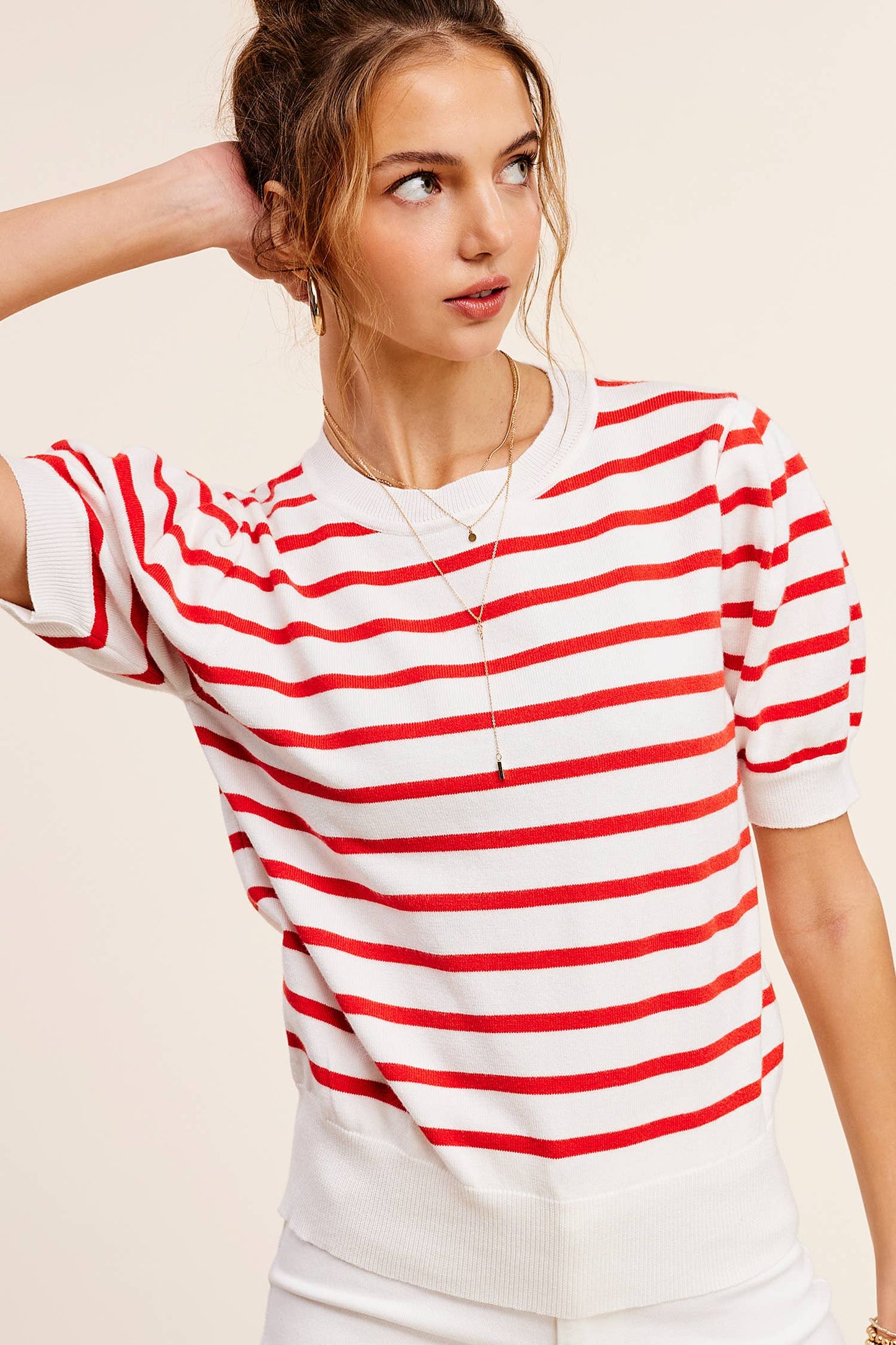 Puff Short Sleeve Stripe Knit Top