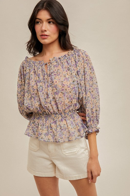 Off Shoulder Floral Chiffon Top