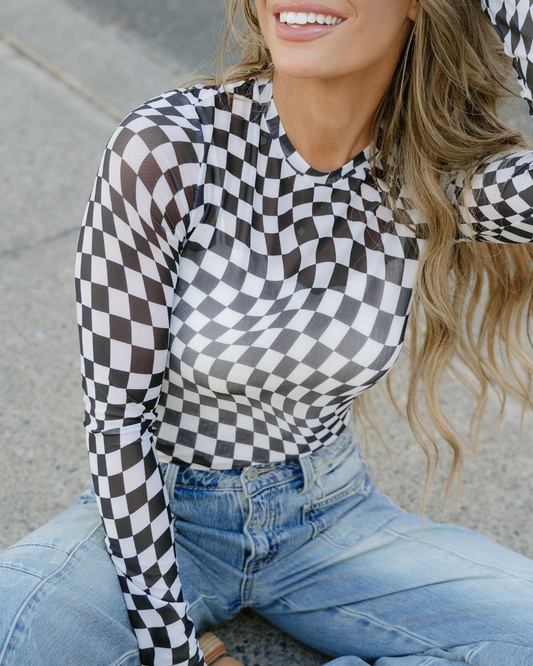Indie & Co.-Checkered Mesh Long Sleeve Top