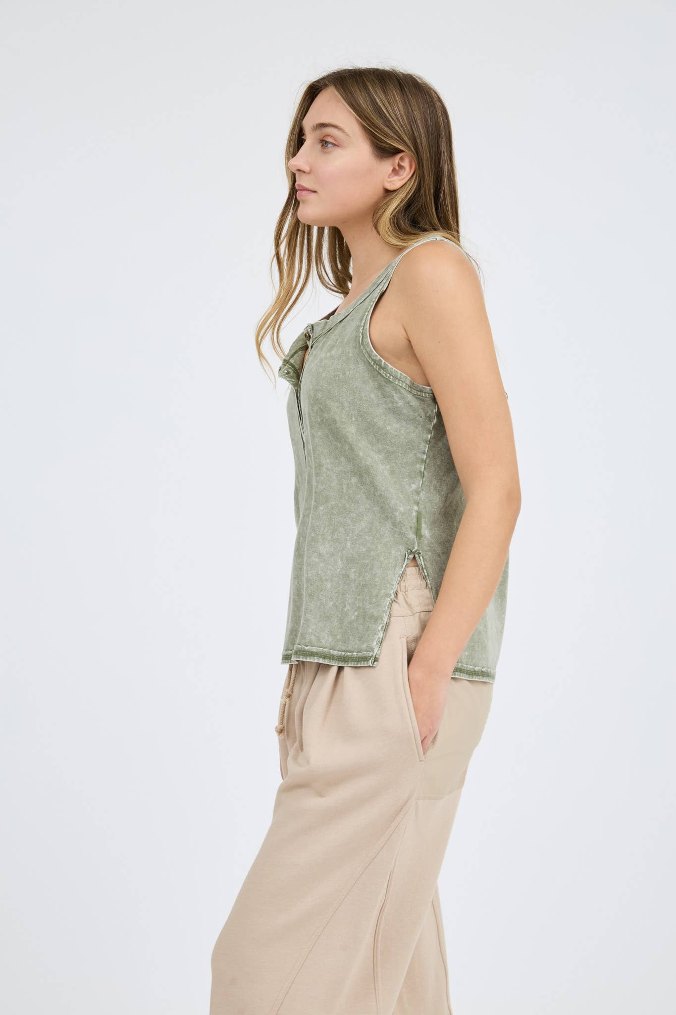 Olive Washed Henley Sleeveless