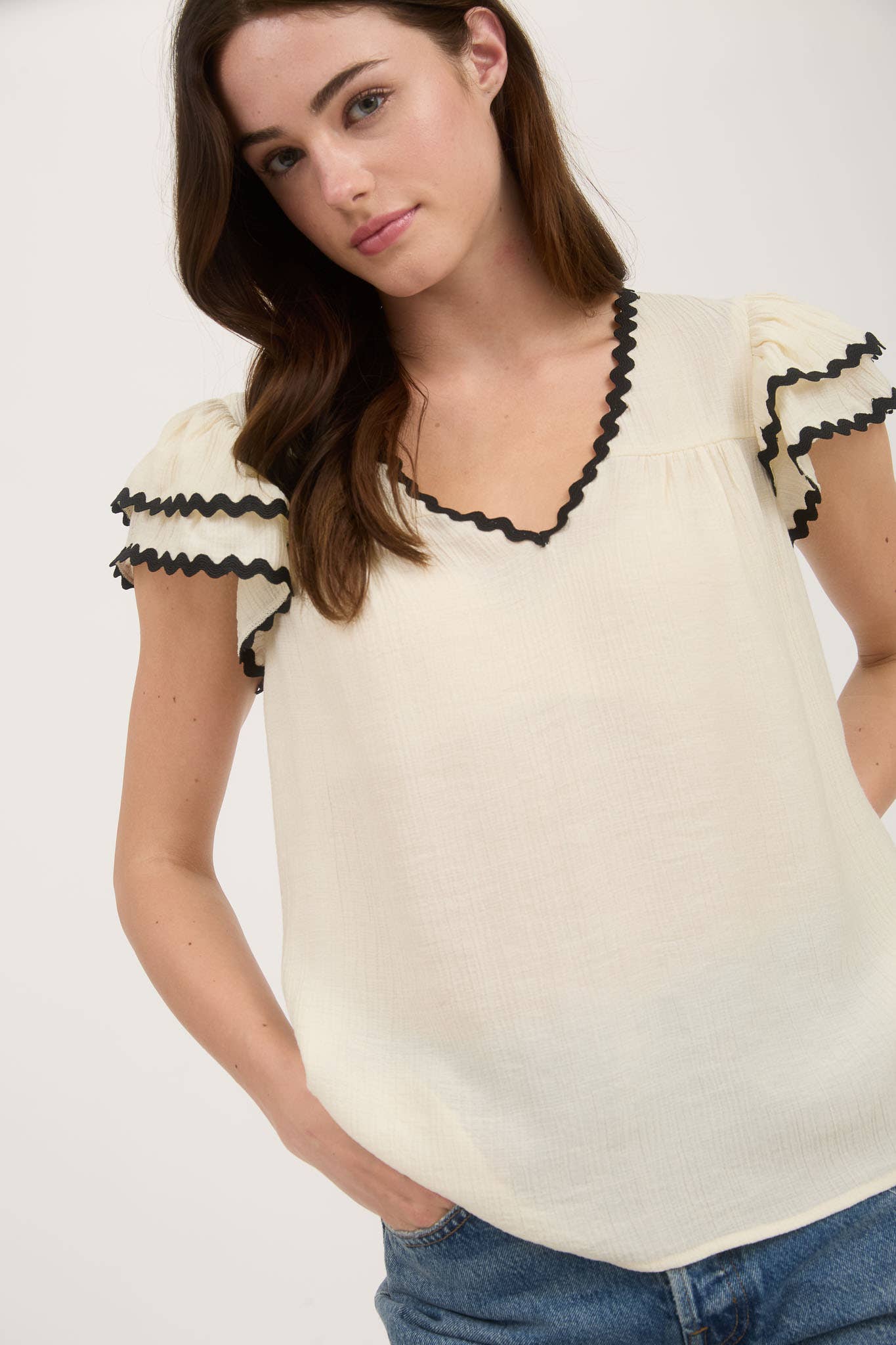 Vneck Wavy Trim Ruffle Sleeve Top
