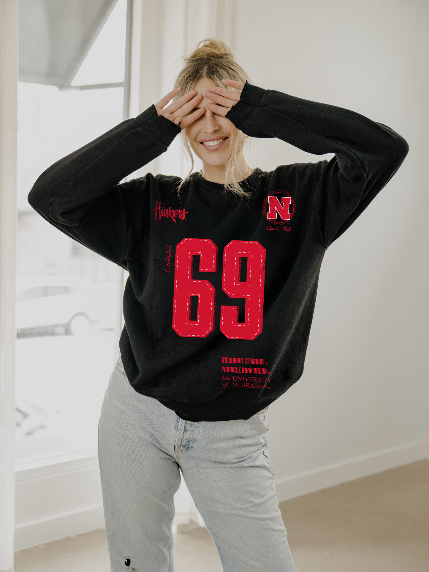 LivyLu - Nebraska Huskers Crest Stamp Black Thrifted Sweatshirt
