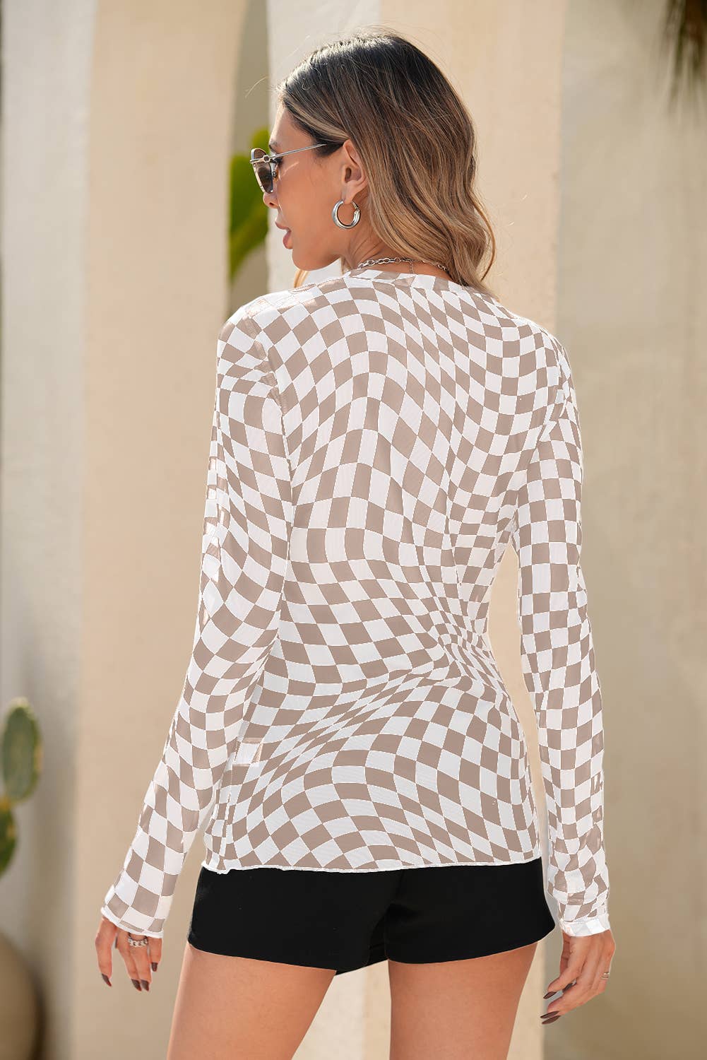LDC-Checkered Mesh Long Sleeve Top