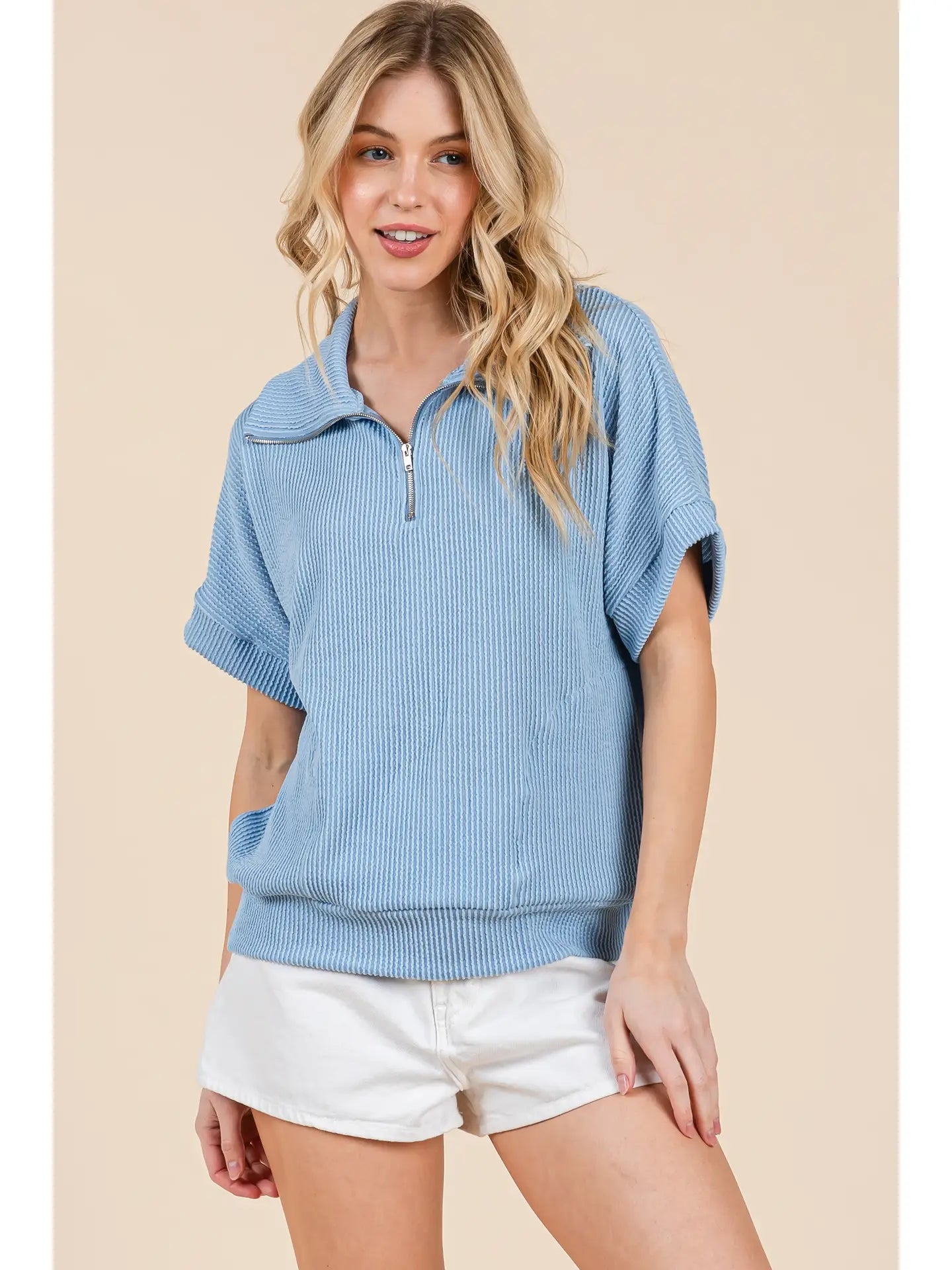 Light Blue Ribbed Quarter Zip