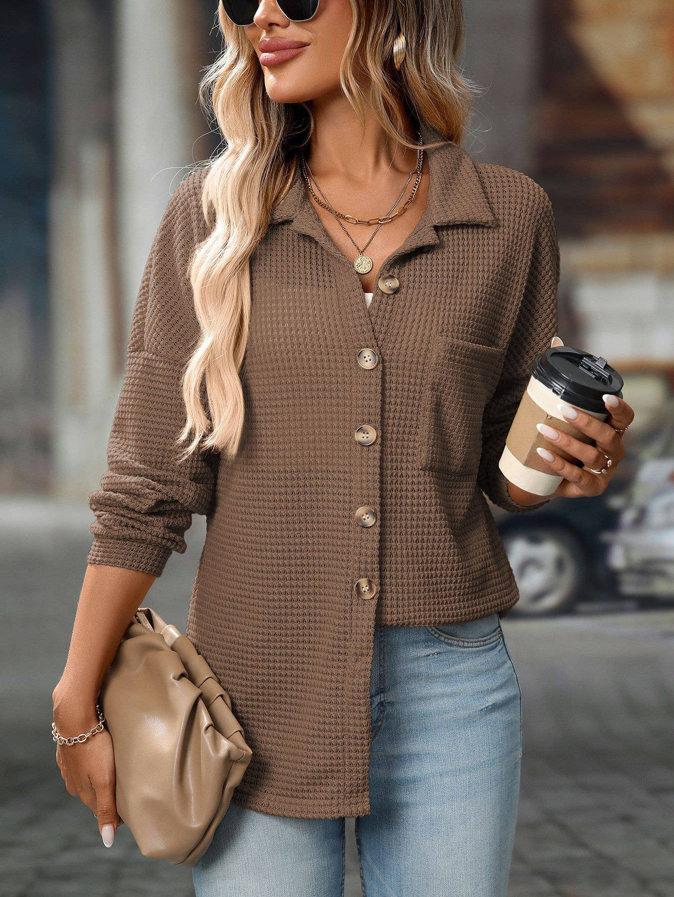 Waffle Knit Button-Up Shirt Brown