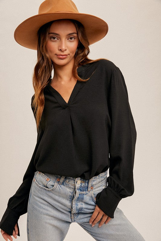 V Neck Rumpled Fabric Blouse