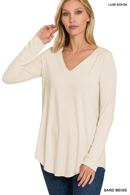 Bone Long Sleeve V Neck Dolphin Hem Top