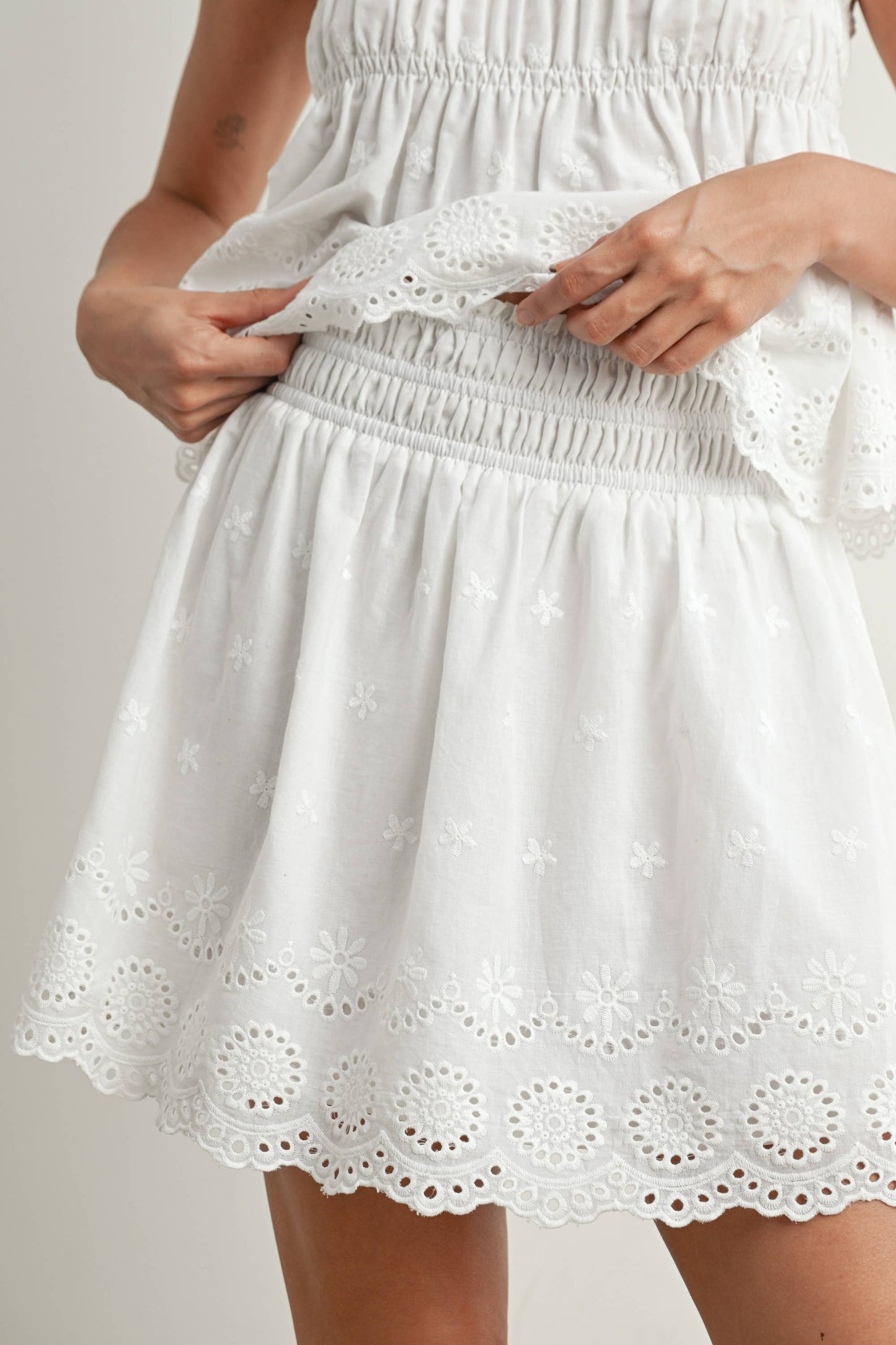 Eyelet Ruffle Smocked Skirt