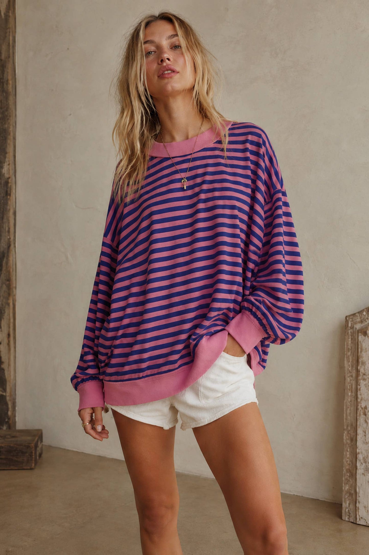 Sewn and Seen - Oversized Contrast Stripe Terry Pullover