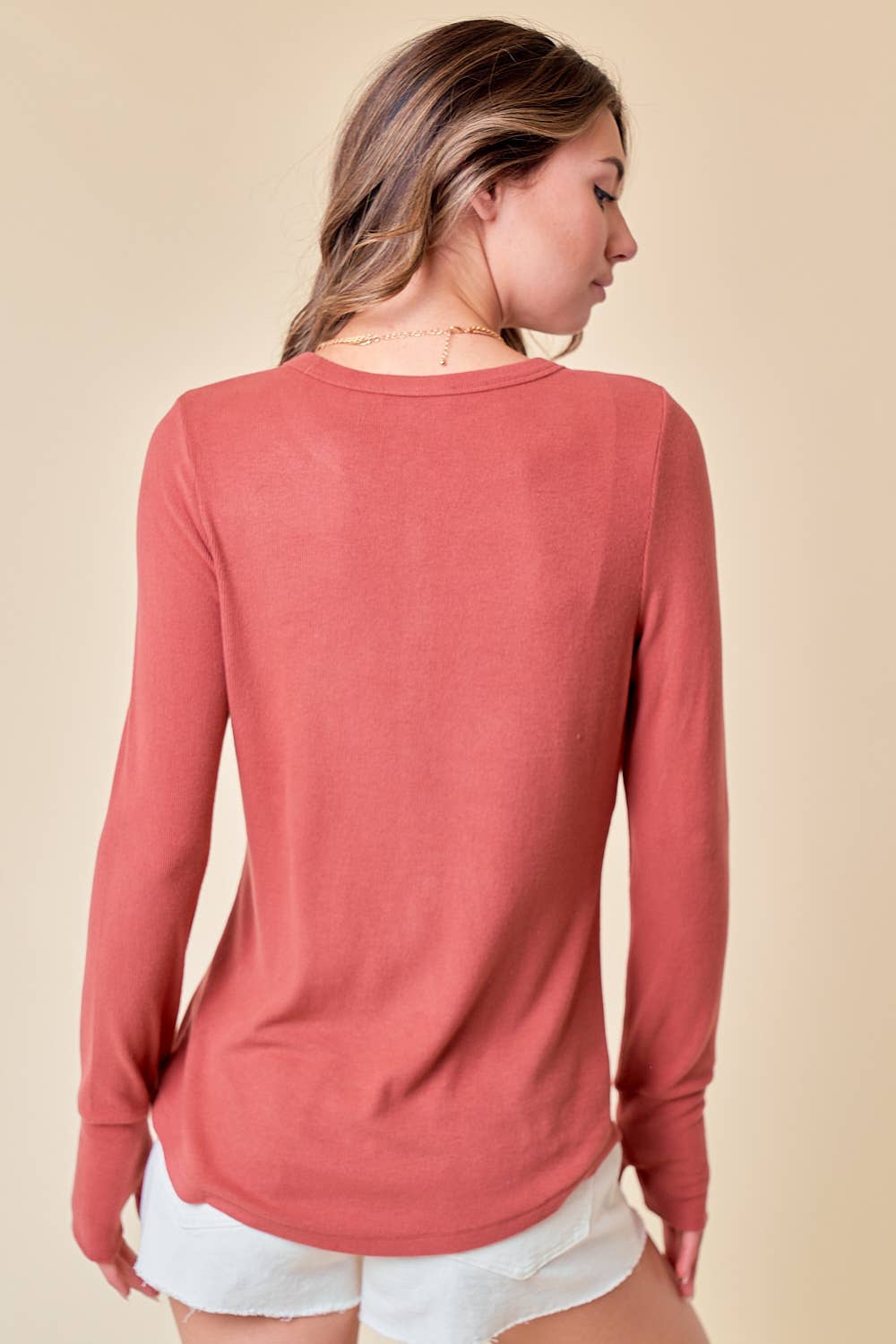 Brushed Rib Henley Top in Rosewood
