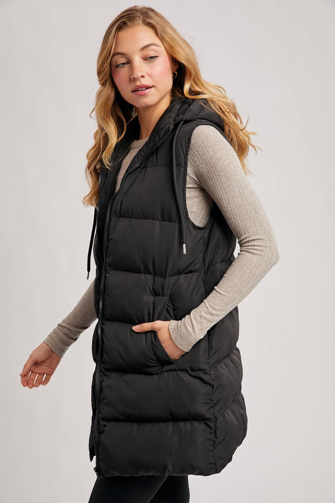 Hooded Down Long Line Puffer Vest