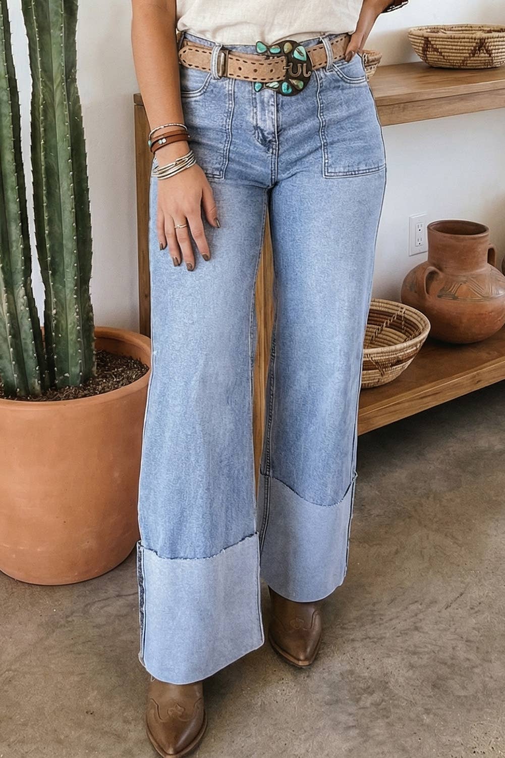 Little Daisy Closet - LDC Button Solid Turn-up Cuffs Wide Leg Jeans