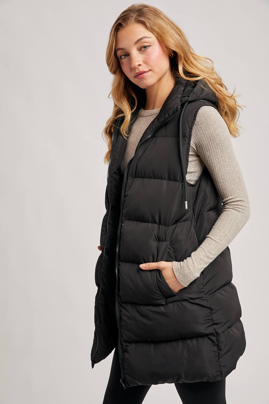 Hooded Down Long Line Puffer Vest