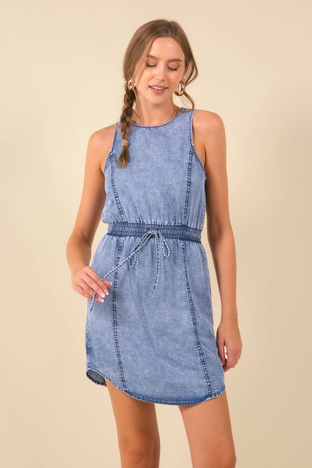 Drawstring Sleeveless Denim Dress