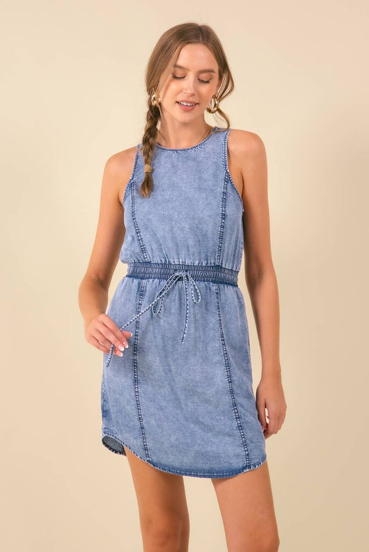 Drawstring Sleeveless Denim Dress