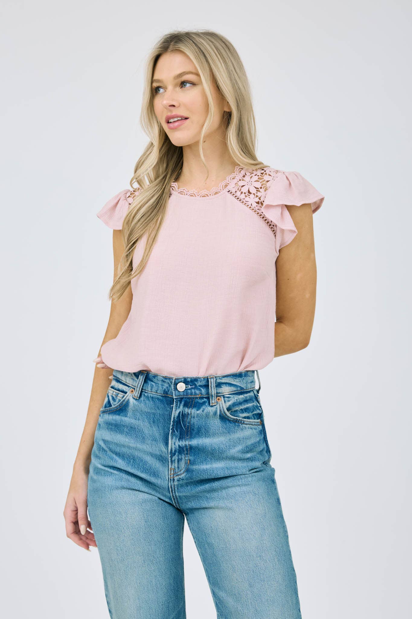Lace Panel Ruffle Sleeve Blouse