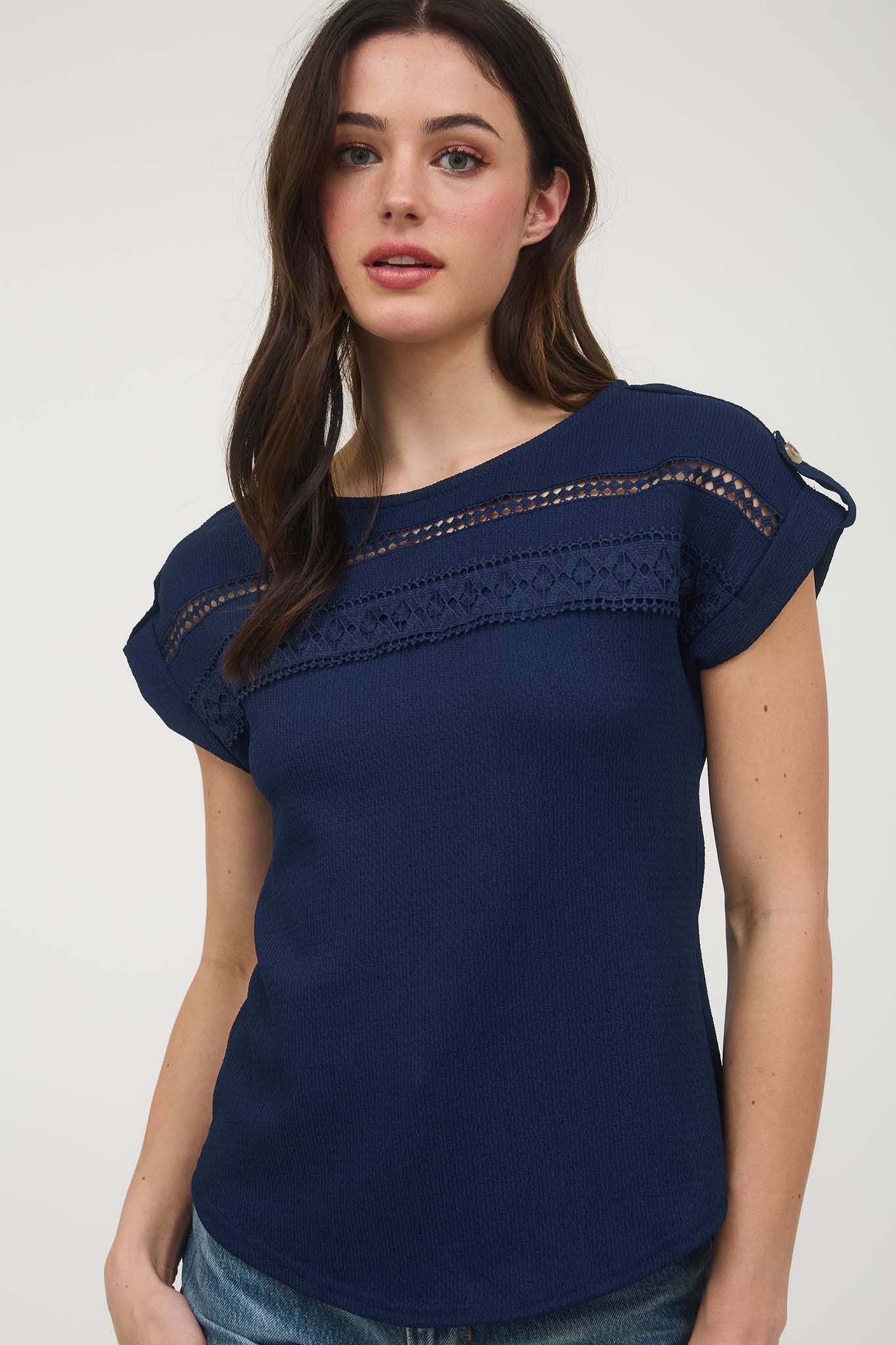 Short Sleeve Lace Trim Knit Blouse