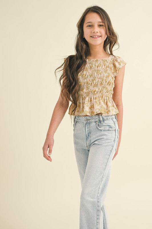Girls Flutter Sleeve Smocked Top