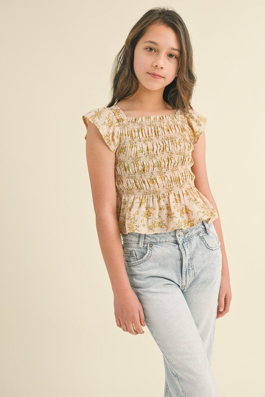 Girls Flutter Sleeve Smocked Top