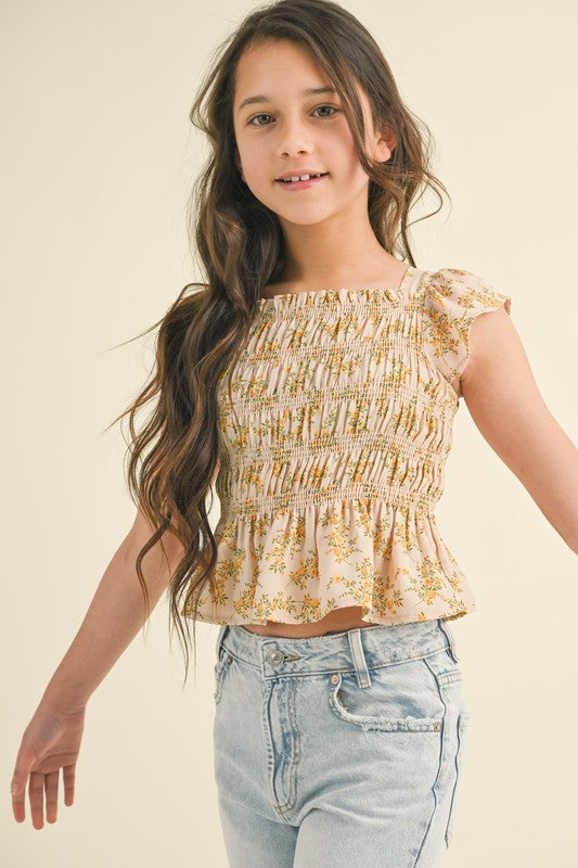 Girls Flutter Sleeve Smocked Top