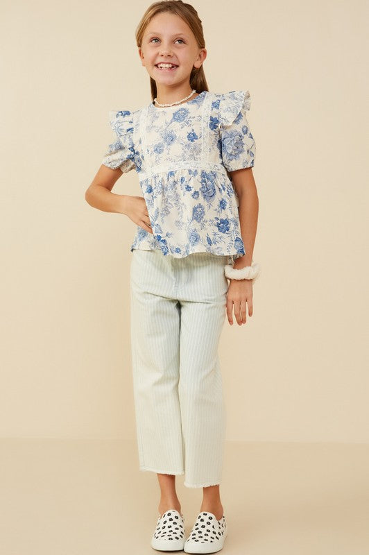 Girls Antique Floral Lace Trimmed Ruffle Top