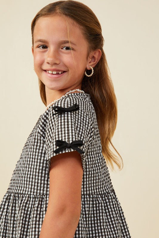 Girls Contrast Ribbon Gingham Babydoll Top