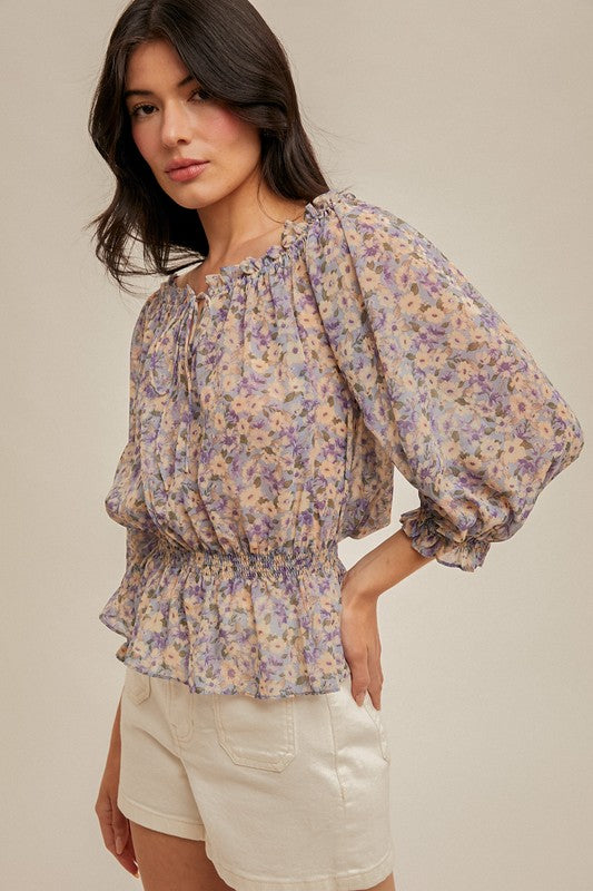 Off Shoulder Floral Chiffon Top