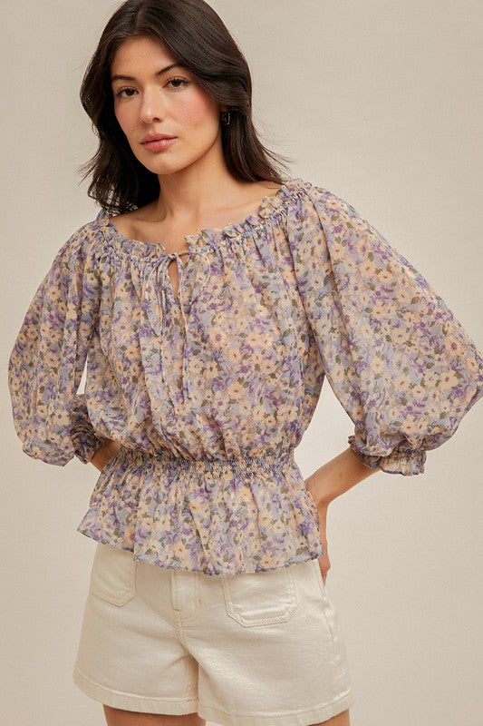 Off Shoulder Floral Chiffon Top