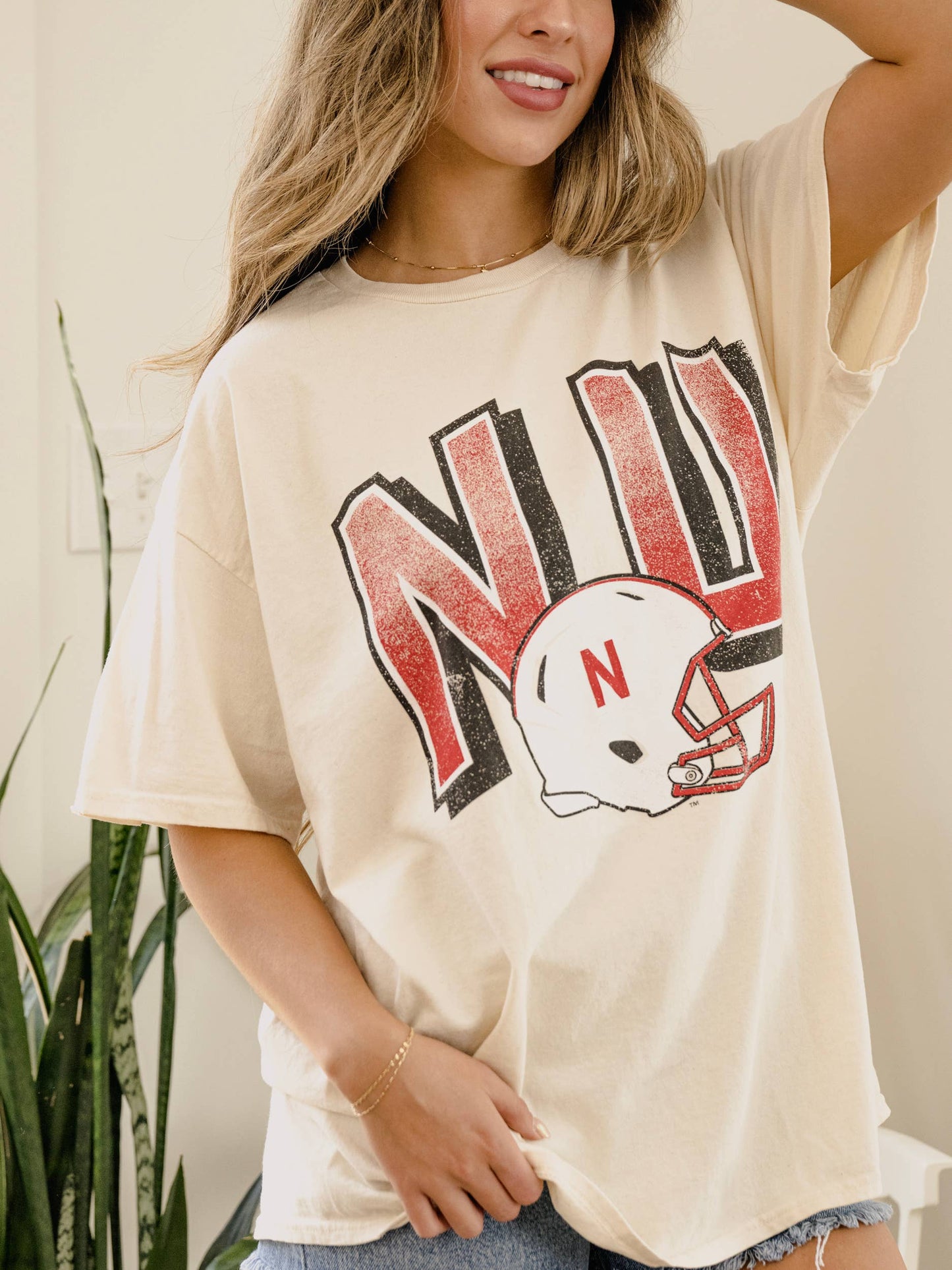 LivyLu - Nebraska Huskers Helmet Fade Off White Thrifted Tee