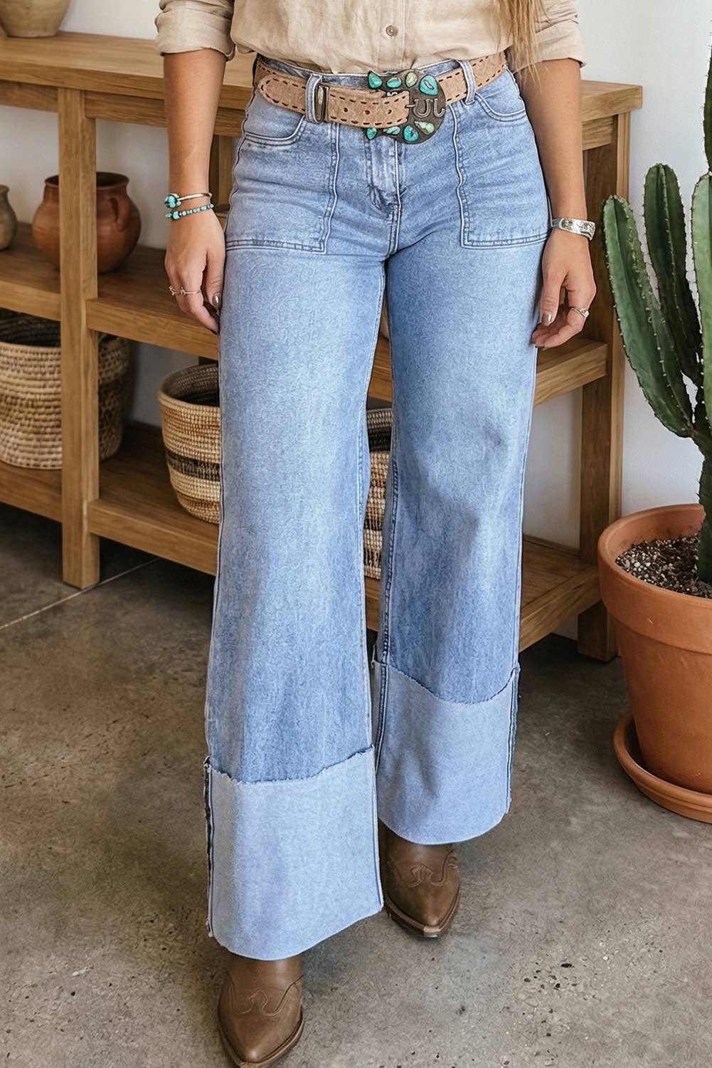 Little Daisy Closet - LDC Button Solid Turn-up Cuffs Wide Leg Jeans