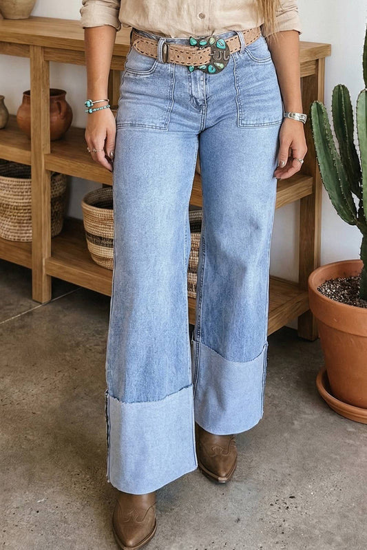 Little Daisy Closet - LDC Button Solid Turn-up Cuffs Wide Leg Jeans
