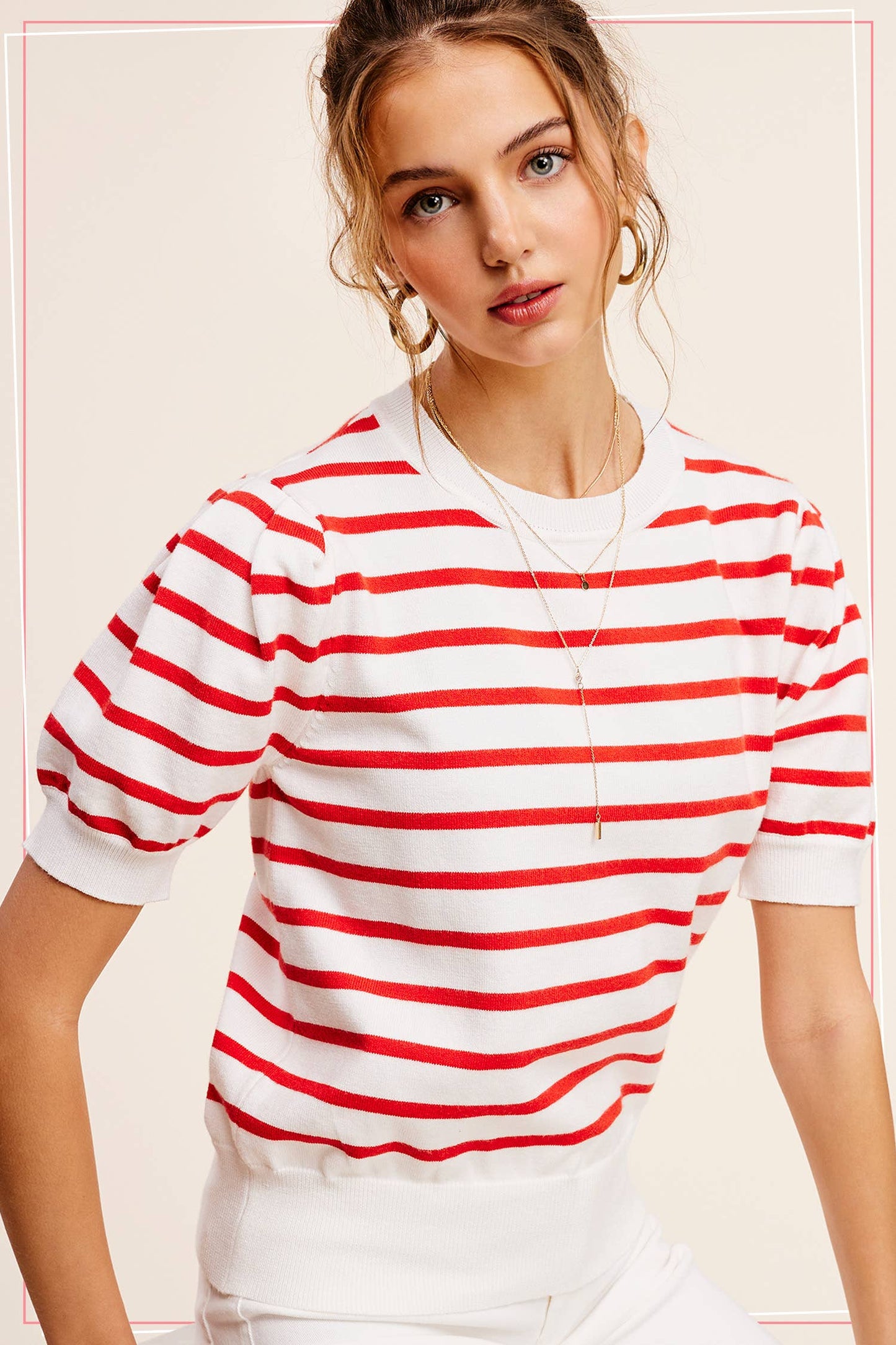 Puff Short Sleeve Stripe Knit Top
