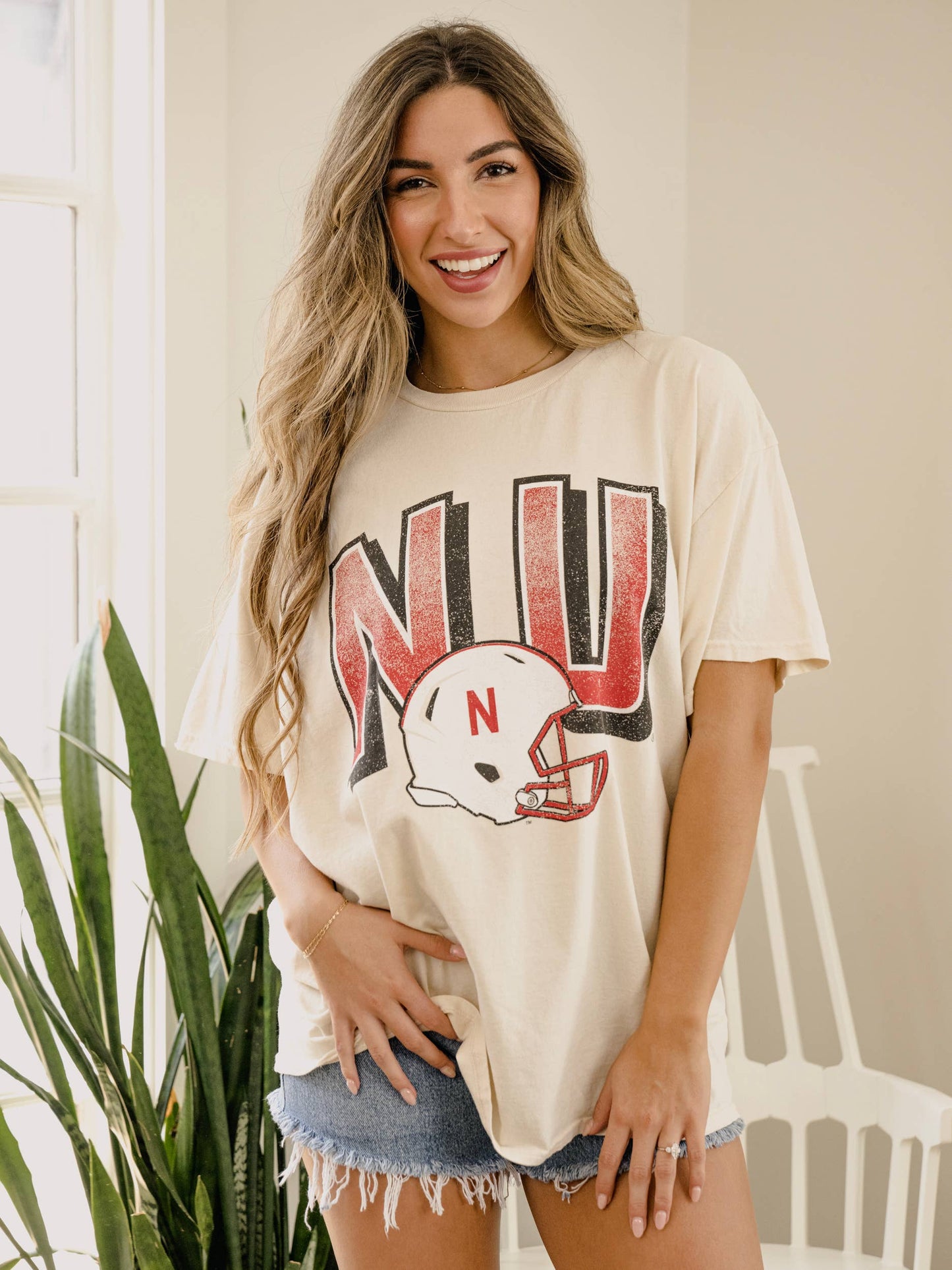 LivyLu - Nebraska Huskers Helmet Fade Off White Thrifted Tee
