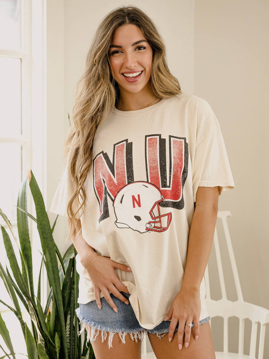 LivyLu - Nebraska Huskers Helmet Fade Off White Thrifted Tee