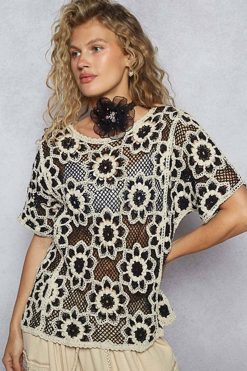 Round Neck Short Sleeve Crochet Knit Top
