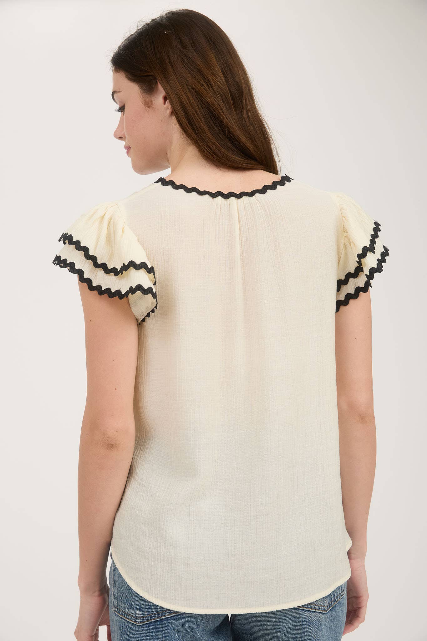 Vneck Wavy Trim Ruffle Sleeve Top