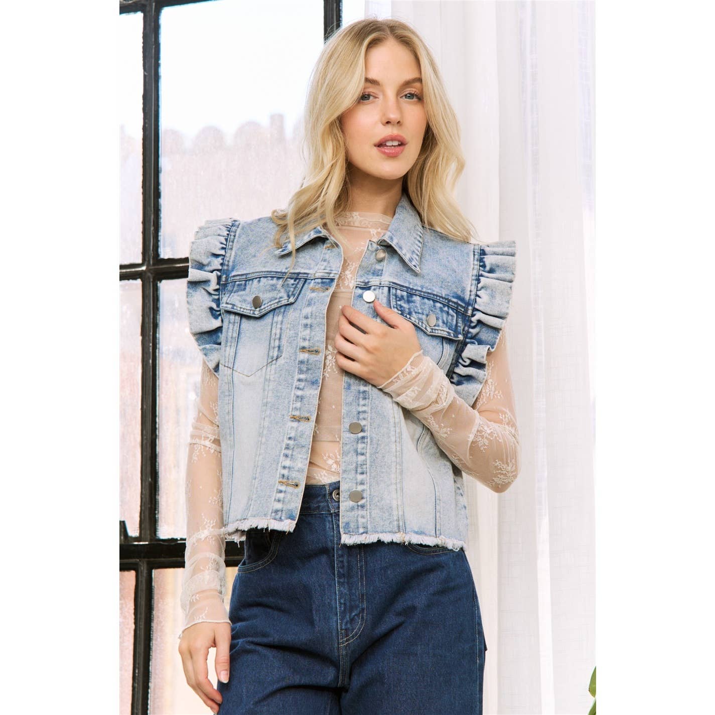 Sweet Generis - DENIM WASH VEST JACKET with ARMHOLE RUFFLE DETAILS