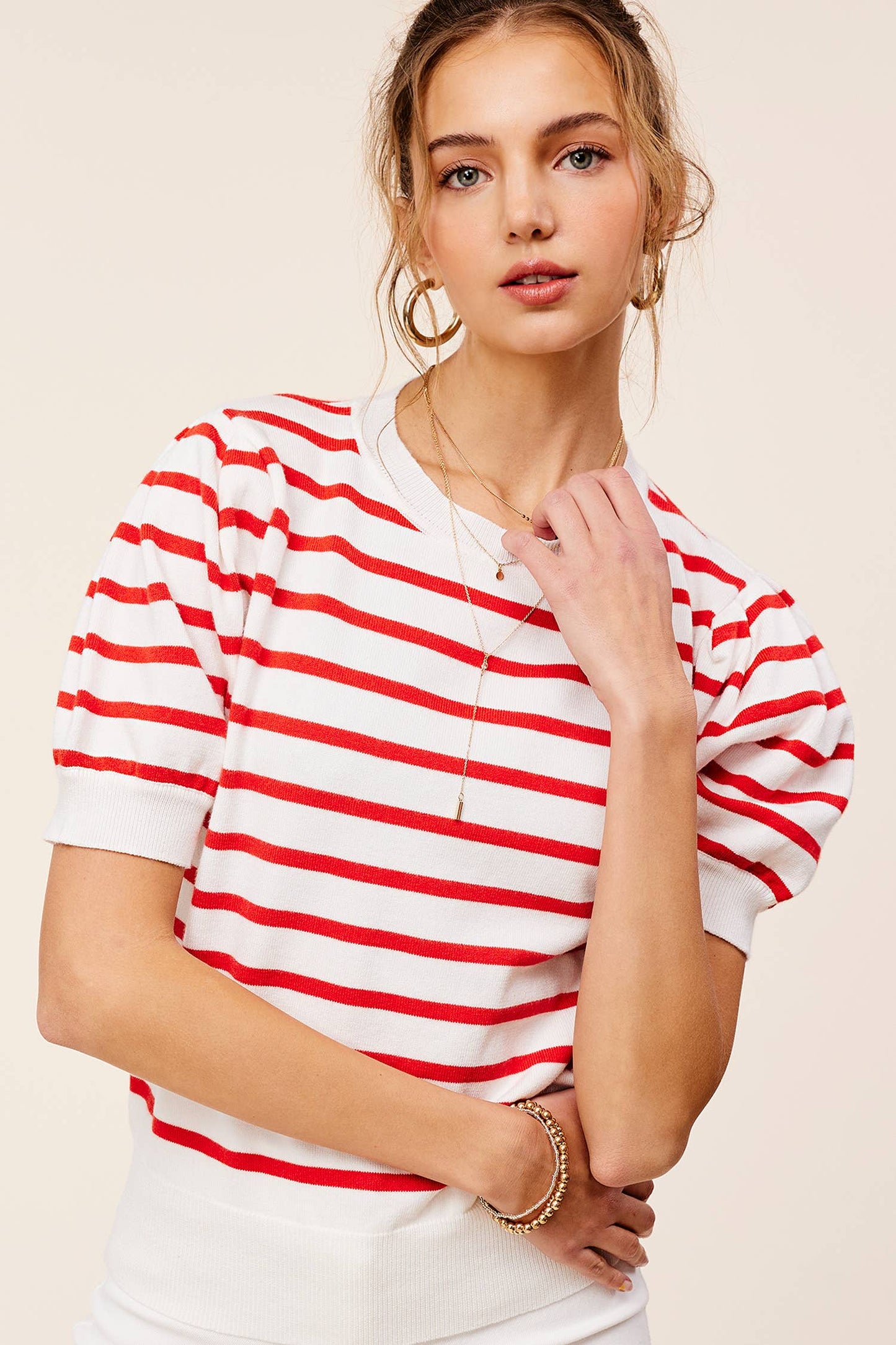 Puff Short Sleeve Stripe Knit Top