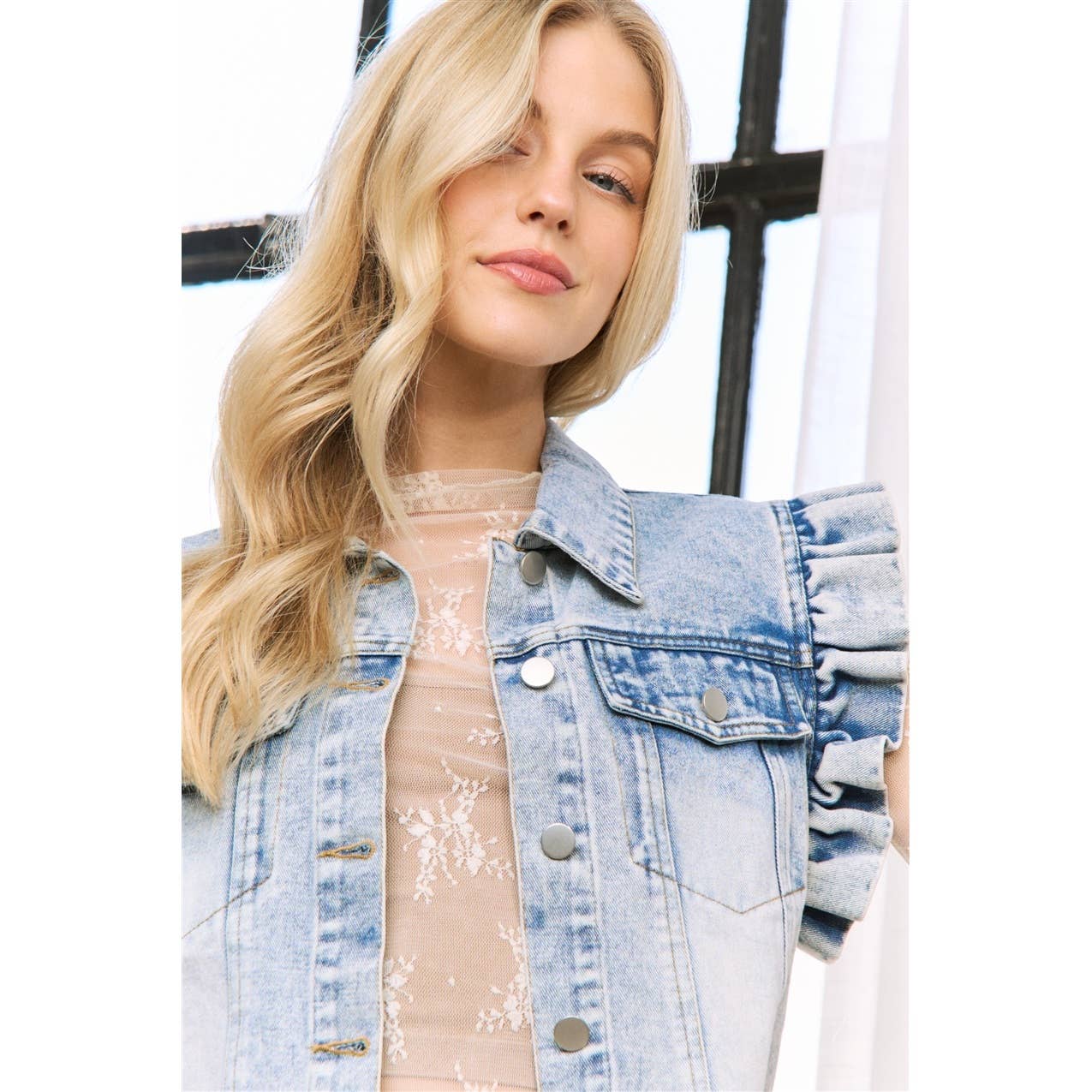 Sweet Generis - DENIM WASH VEST JACKET with ARMHOLE RUFFLE DETAILS
