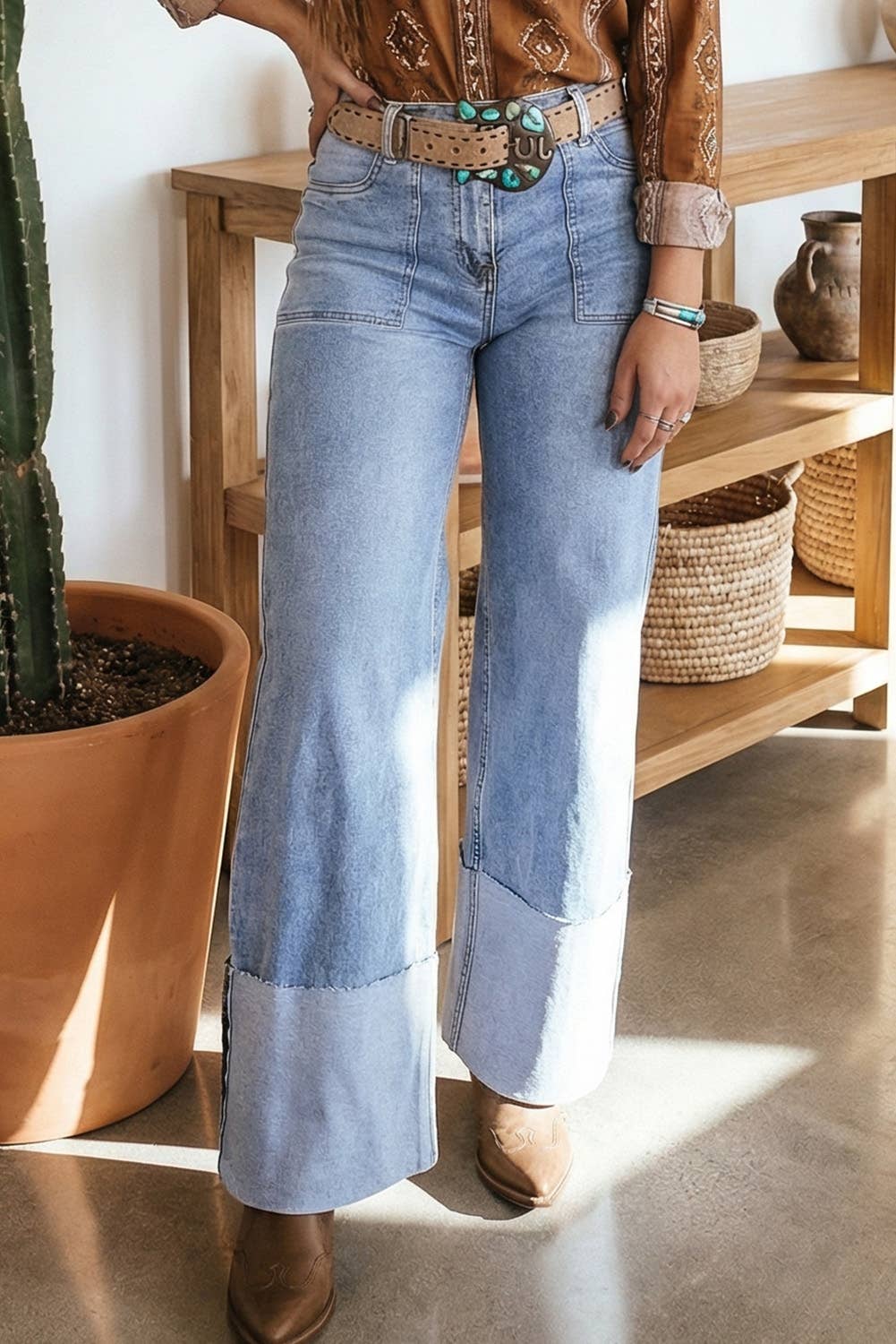 Little Daisy Closet - LDC Button Solid Turn-up Cuffs Wide Leg Jeans