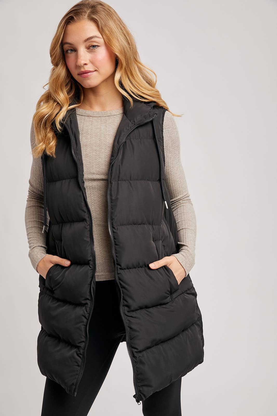 Hooded Down Long Line Puffer Vest