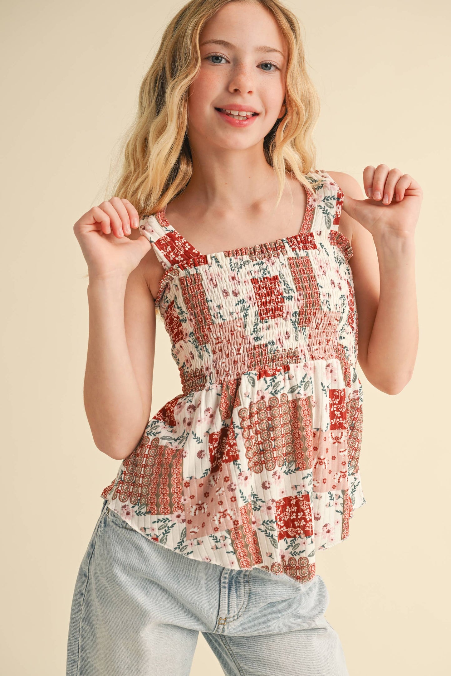 Heart and Arrow Peplum Smocked Tank Top