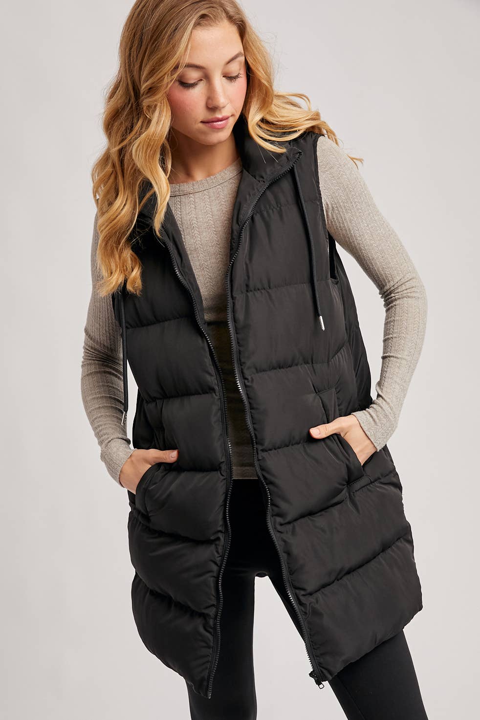 Hooded Down Long Line Puffer Vest