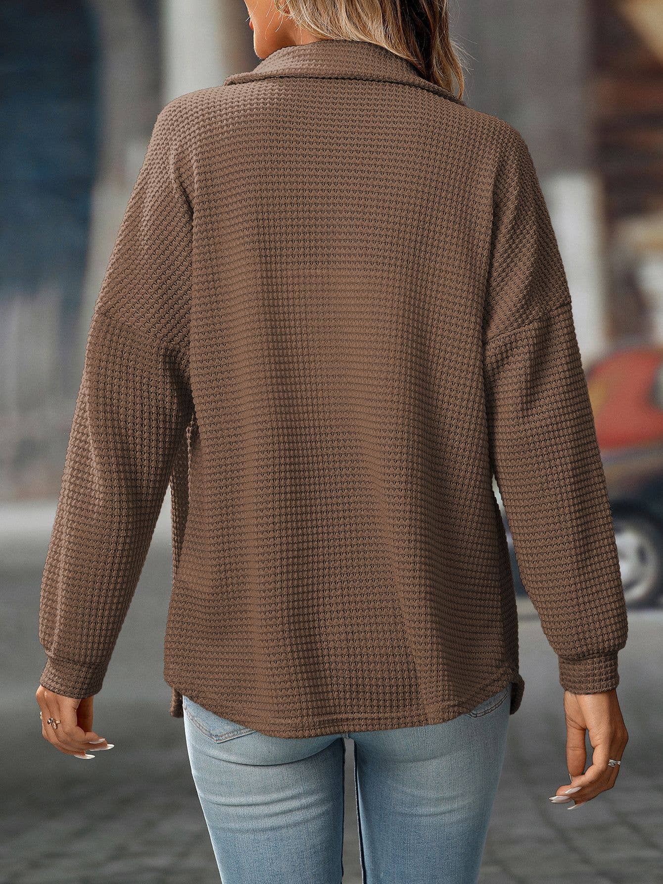 Waffle Knit Button-Up Shirt Brown