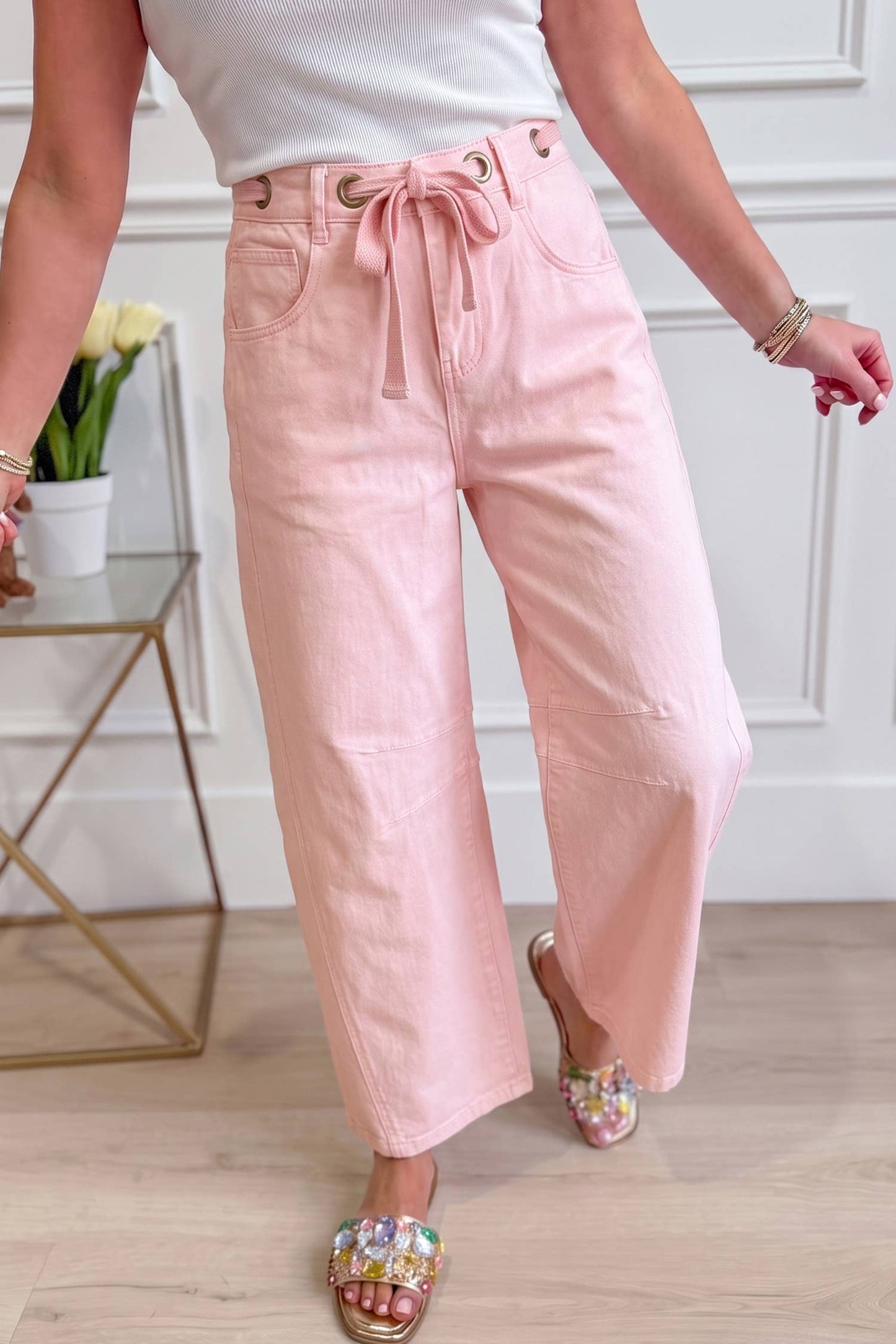 Little Daisy Closet - LDC Solid Color Grommet Tie Waist Barrel Jeans