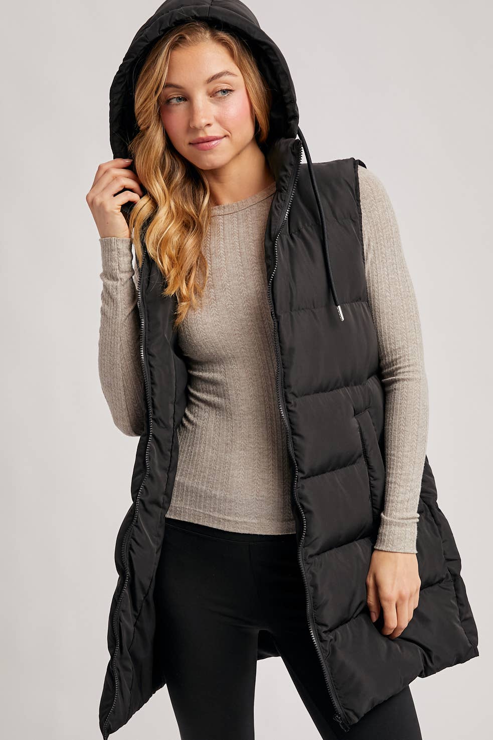 Hooded Down Long Line Puffer Vest