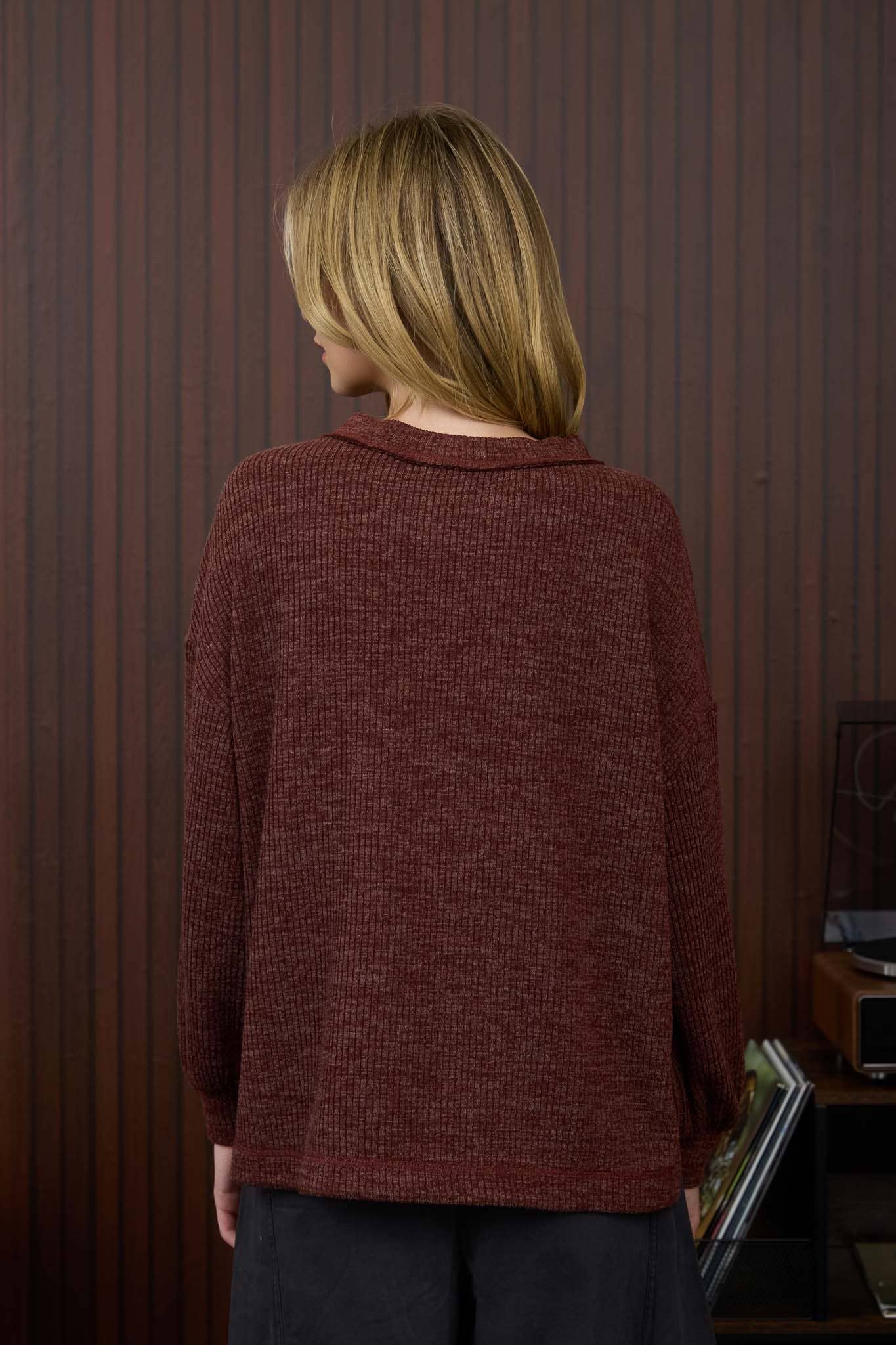 Joa Maroon Pocket Ribbed Sweater